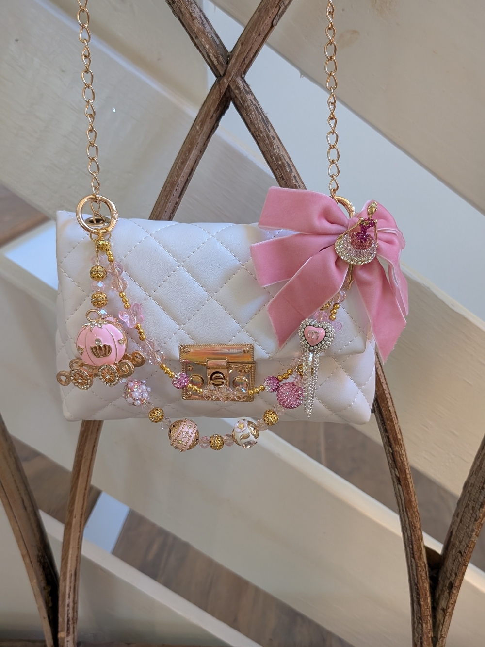 White Quilted Chain Bag with Pink Bow Charm